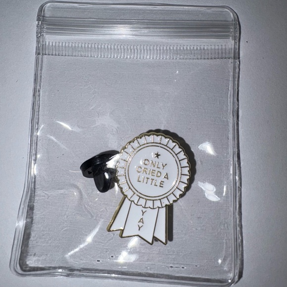 NEW! 3/$15 “Only cried a little yay” Ribbon Gold and White Enamel Pin (unisex) - Picture 4 of 4